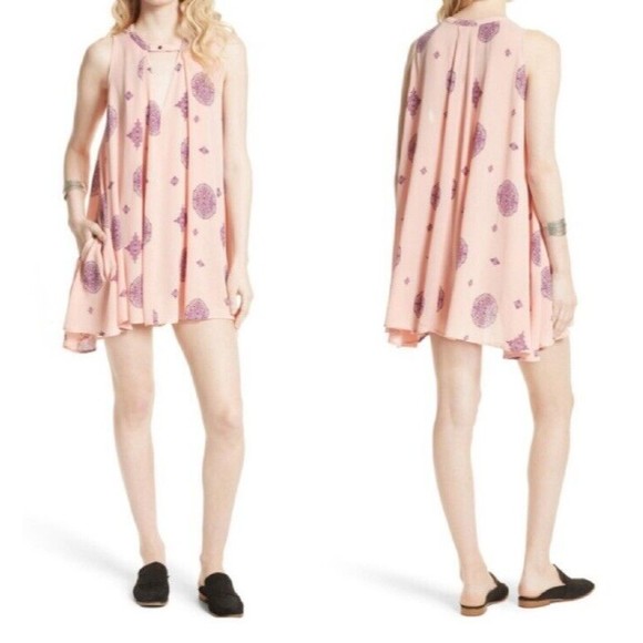 Free People Dress Pink Tree Swing Mini Oversized Keyhole Neck Flowy boho - Picture 1 of 9